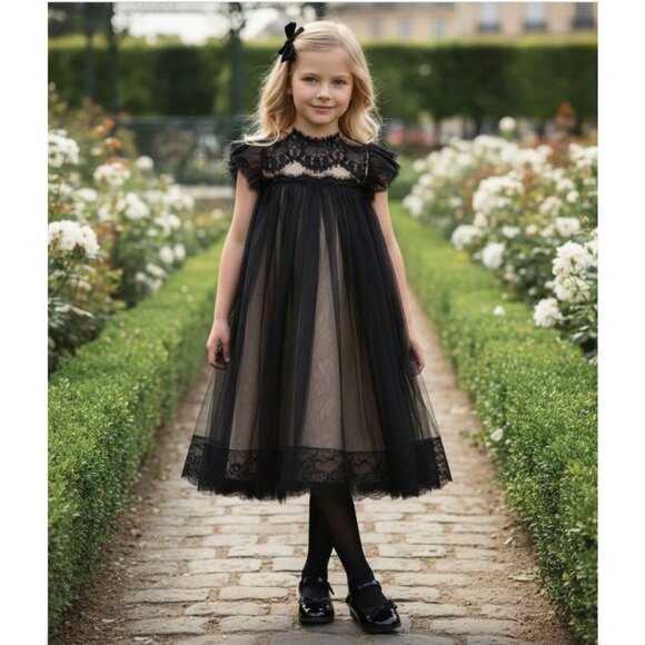TRISH SCULLY Adriana Dress Girls 8 Black Lace Gown Elegant Formal Babydoll Tea - Picture 9 of 9